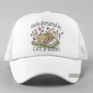 🆕Easily Distracted By Cats & Books White Foam Trucker Hat Mesh Snapback Cap
